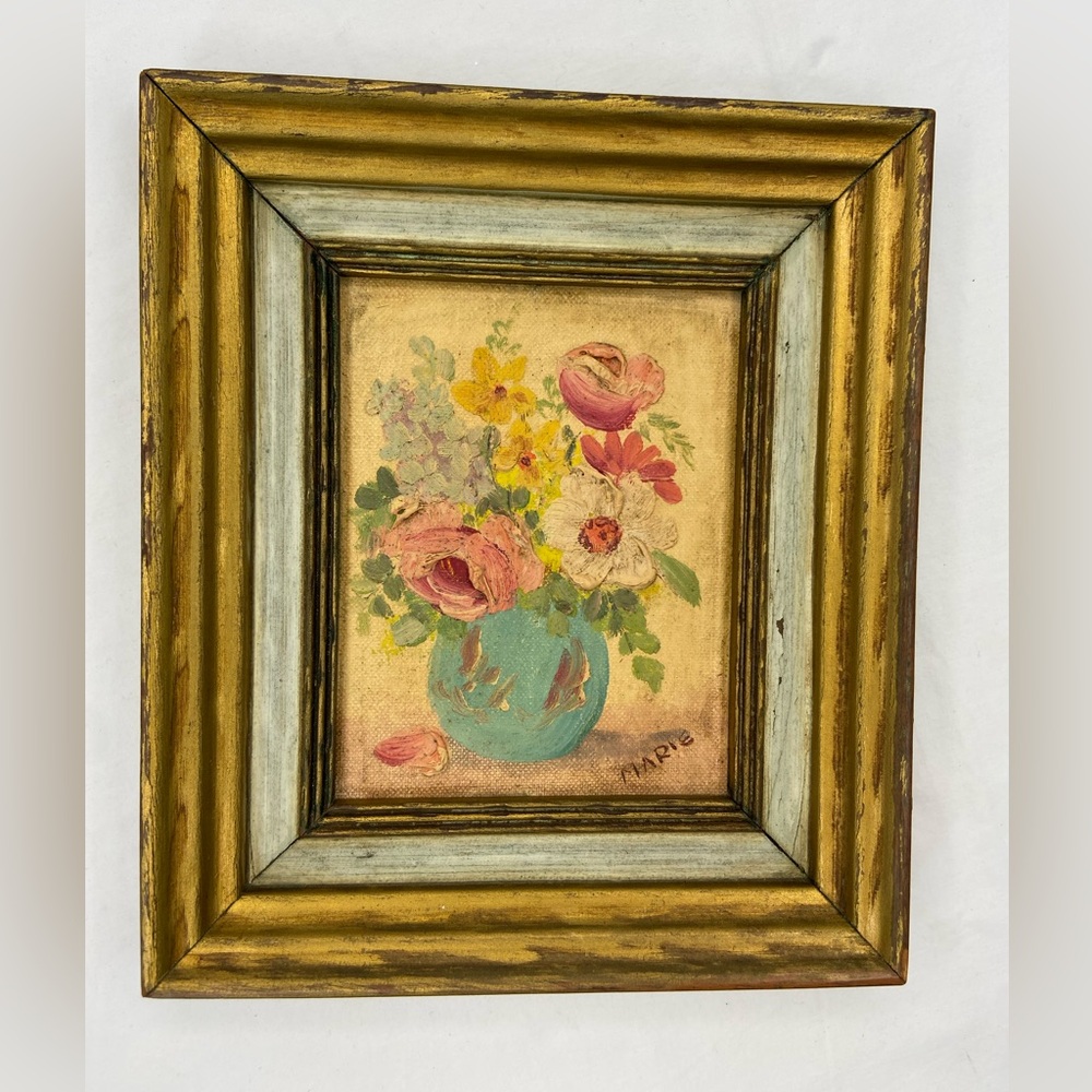 Vintage Framed Oil Painting Flowers Signed 7.5" x 6.5" x 1"